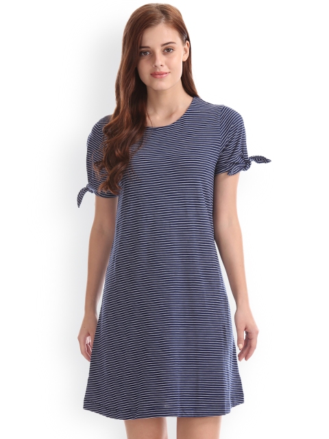 

GAP Women Blue Striped Tie Sleeve Swing Dress