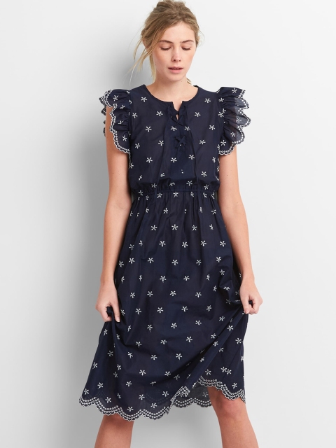 

GAP Women Blue Self-Design Ruffle Trim Eyelet Midi Dress