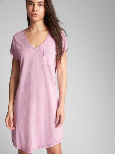 

GAP Women Pink Solid Short Sleeve Pocket T-Shirt Dress
