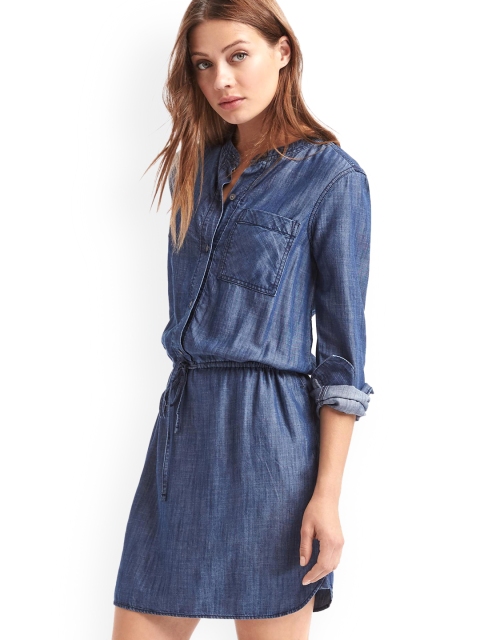 

GAP Women Denim Bllue Solid Tencel Long Sleeve Denim Shirt Dress, Blue