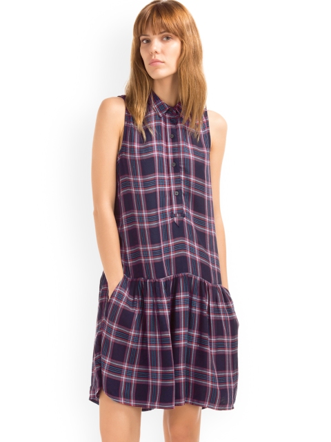 

GAP Women Blue Plaid Drop Waist Dress