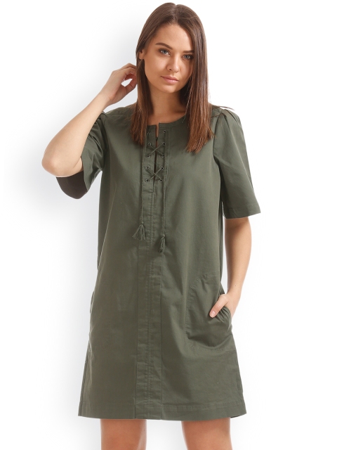 

GAP Women Green Lace Up Shift Dress