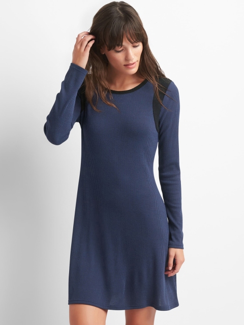 

GAP Women Navy Blue Colour Block Ribbed Swing Dress