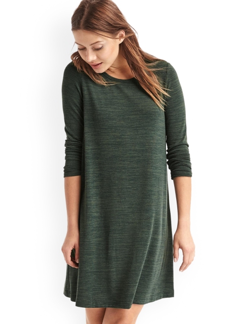 

GAP Women Green Solid Softspun Knit Long Sleeve Swing Dress