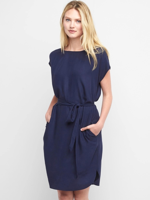 

GAP Women Navy Blue Solid Tie Belt Shift Dress