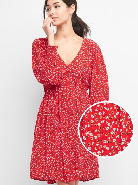 

GAP Women Red Print V-Neck Swing Dress