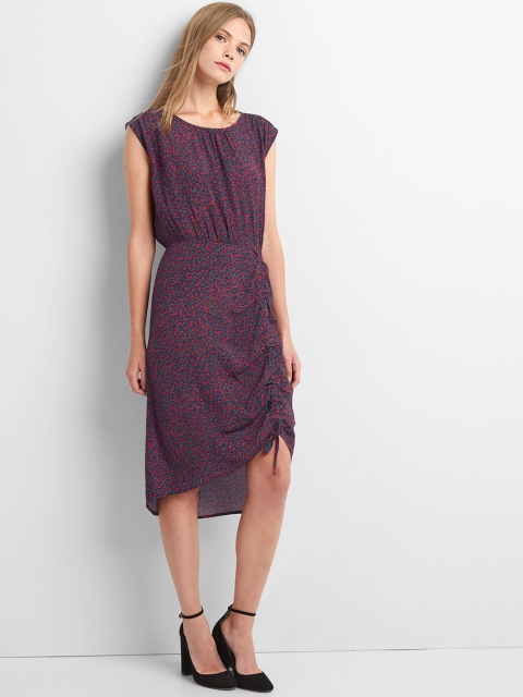 

GAP Women Navy Blue and Red Cap Sleeve Ruched Midi Dress