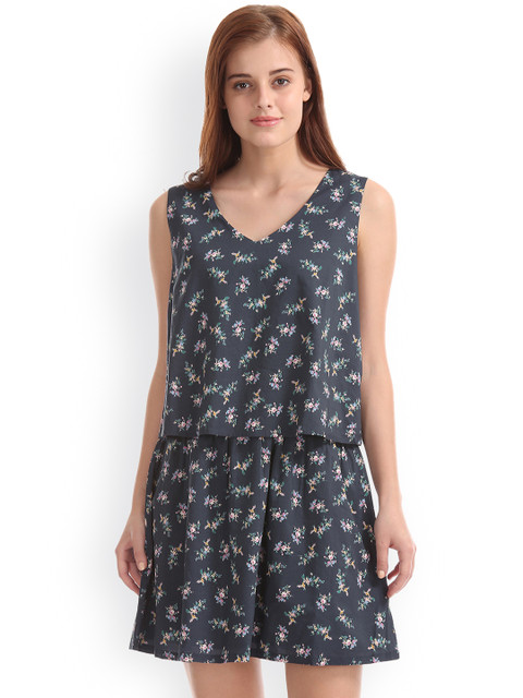 

GAP Women Navy Blue Floral Print Double Layer Dress