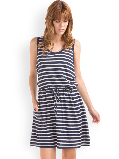 

GAP Women Blue Linen-Cotton Stripe Tie Dress
