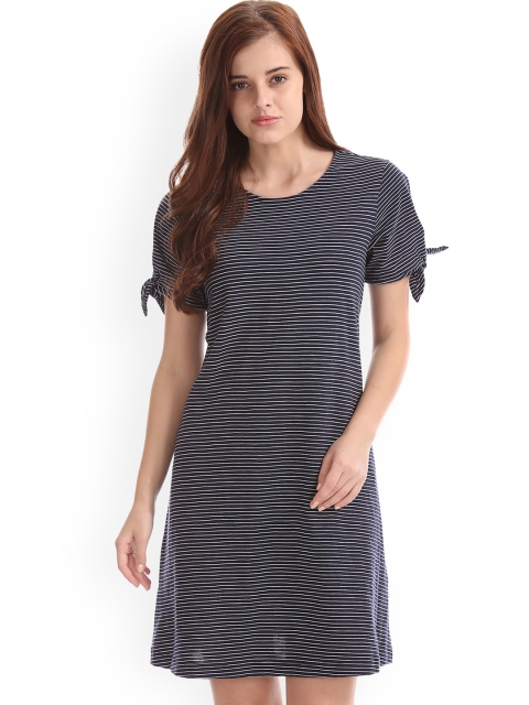 

GAP Women Blue Striped Tie Sleeve Swing Dress