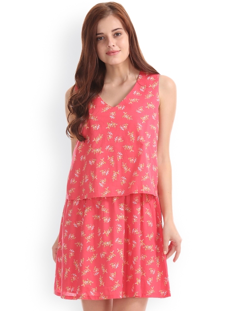 

GAP Women Pink Floral Print Double Layer Dress