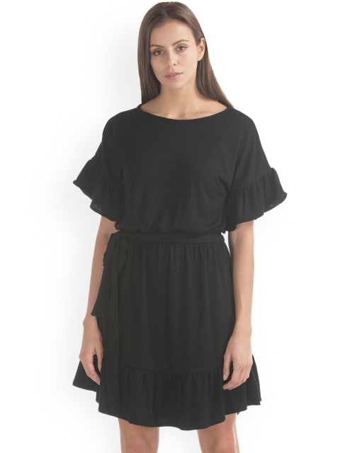 

GAP Women Black Solid Softspun Ruffle Tie Belt Dress