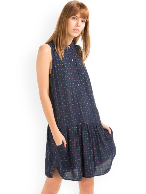 

GAP Women Blue Print Drop Waist Dress