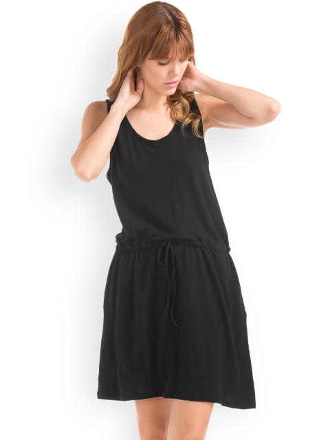 

GAP Women Black Linen Cotton Tie Dress