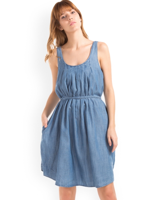 

GAP Women Denim Blue Solid Denim Tencel Swing Dress