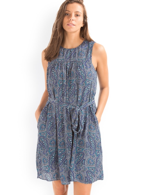 

GAP Women Blue Printed Shirred Swing Dress