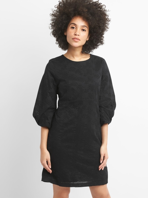 

GAP Women Black A-Line Balloon Sleeve Eyelet Dress
