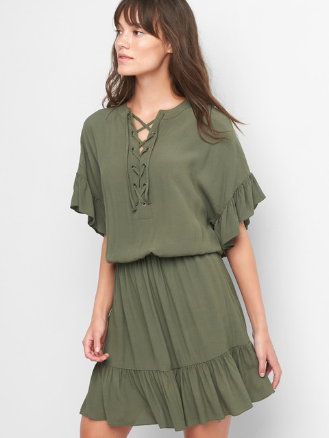 

GAP Women Green Solid Ruffle Lace Up Dress