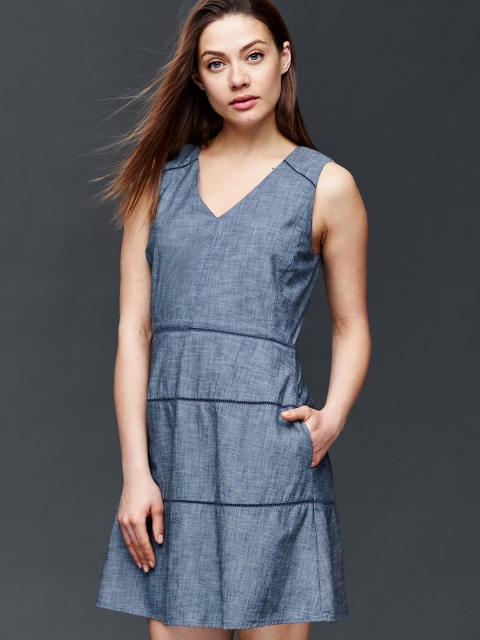 

GAP Women Navy Blue Chambray V-Neck Fit And Flare Dress