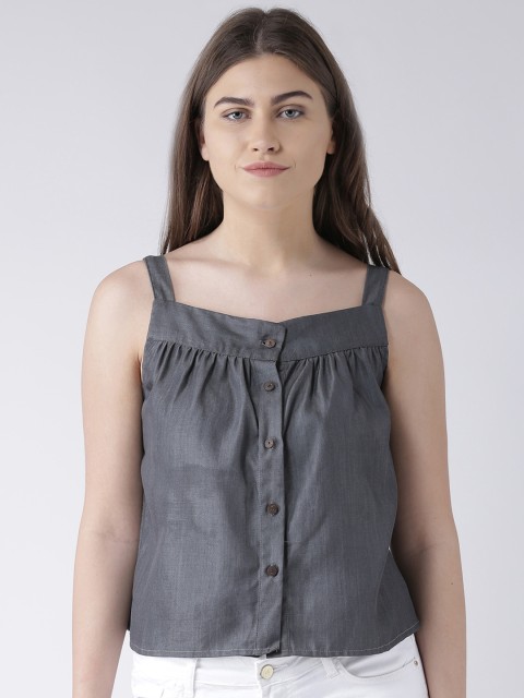 

pinwheel Women Grey Solid Denim Crop Pure Cotton Top