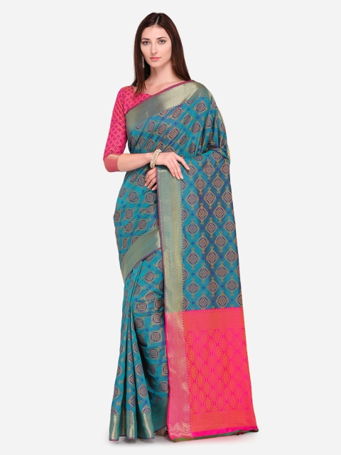 

Saree mall Teal & Pink Silk Blend Woven Design Kanjeevaram Saree