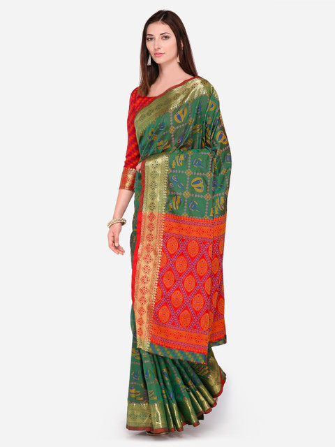 

Saree mall Green & Red Silk Blend Printed Kanjeevaram Saree