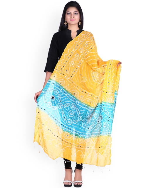

SOUNDARYA Mustard & Blue Dyed Pure Cotton Dupatta