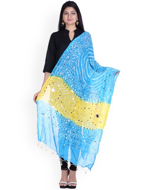 

SOUNDARYA Turquoise Blue & Yellow Dyed Pure Cotton Dupatta