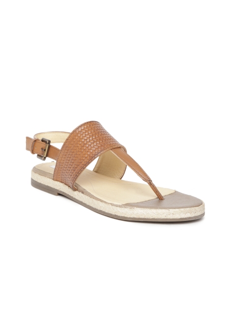 

Geox Women Brown Basketweave-Textured Leather T-Strap Flats