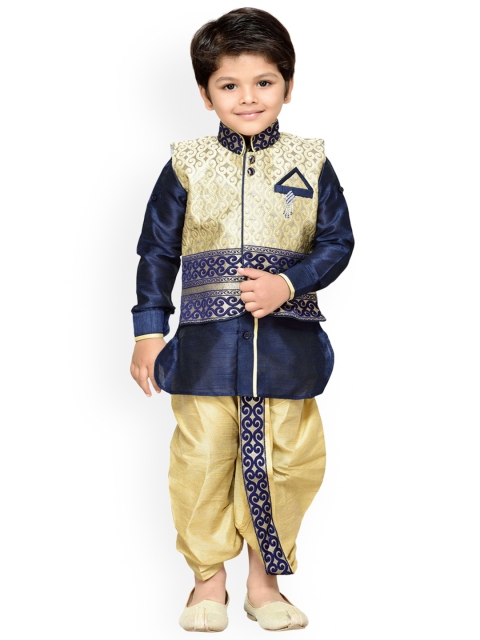 

Aj DEZInES Boys Navy Blue & Gold-Coloured Self Design Kurta with Dhoti Pants