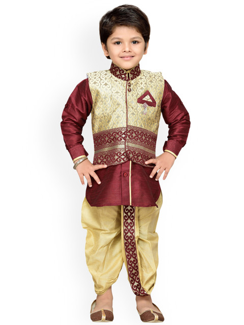 

Aj DEZInES Boys Maroon & Beige Self Design Kurta with Dhoti Pants