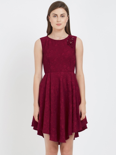 

Soie Women Maroon Self Design Fit and Flare Dress