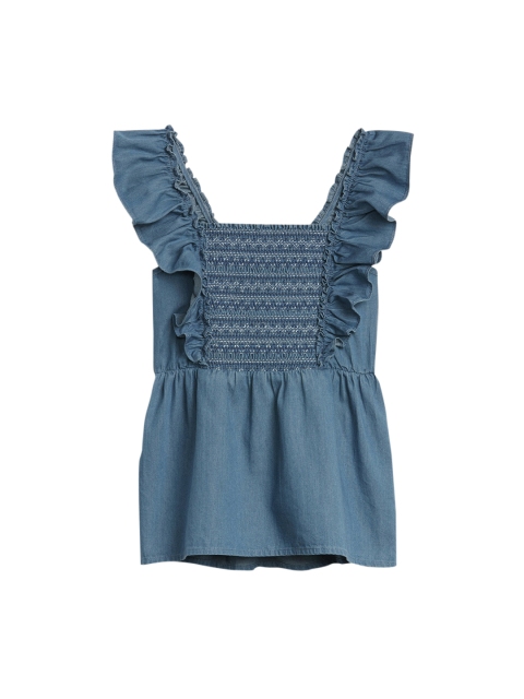 

GAP Girls Denim Smocked Ruffle Pure Cotton Top, Blue