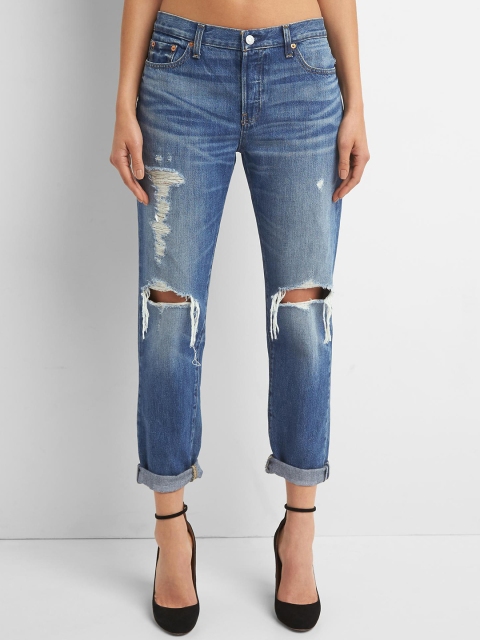 

GAP Blue Women Mid Rise Relaxed Boyfriend Jeans With Destruction