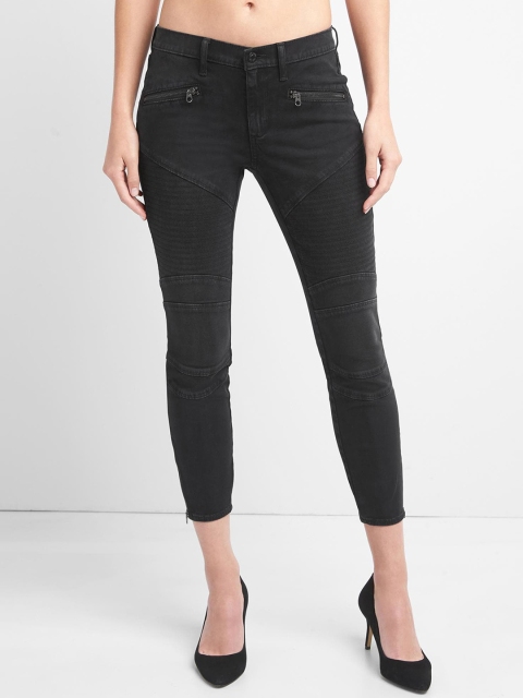 

GAP Black Women Mid Rise Moto True Skinny Ankle Jeans With Zip Detail