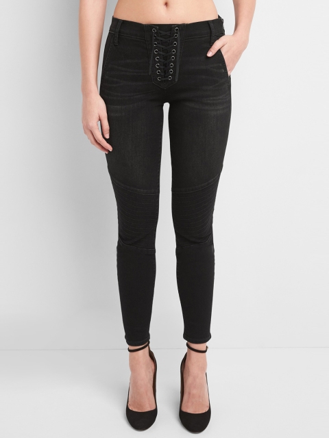 

GAP Women Mid Rise True Skinny Ankle Jeans With Lace Up Detail, Black