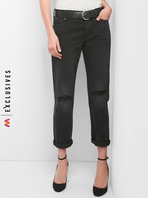

GAP Black Women Mid Rise Relaxed Boyfriend Jeans With Destruction