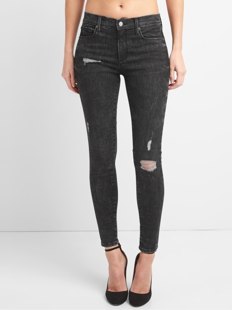 

GAP Women Mid Rise True Skinny Jeans In Sculpt With Destructed Detail, Black
