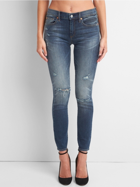 

GAP Women Washwell Mid Rise Destructed True Skinny Jeans, Blue