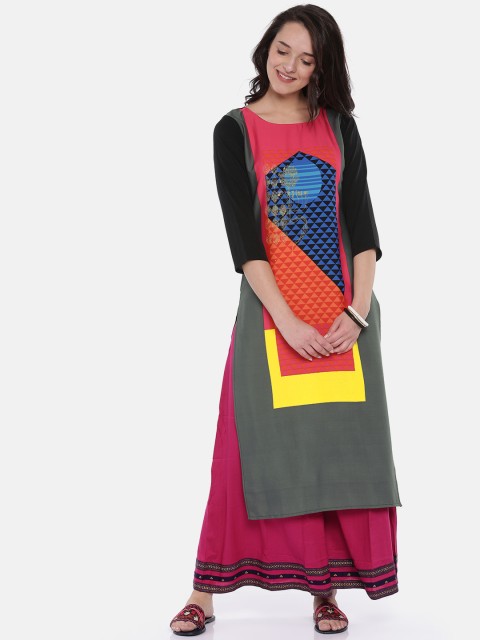 

Vaamsi Women Grey & Orange Printed Straight Kurta