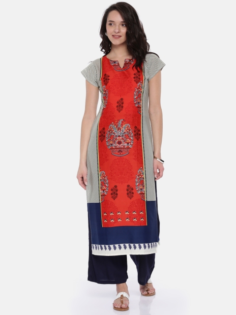 

Vaamsi Women Red & Navy Blue Striped Straight Kurta