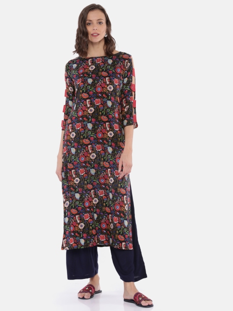 

Vaamsi Women Navy Blue & Red Printed Straight Kurta