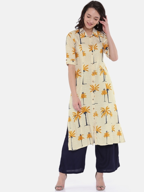 

Vaamsi Women Beige & Yellow Printed A-Line Kurta