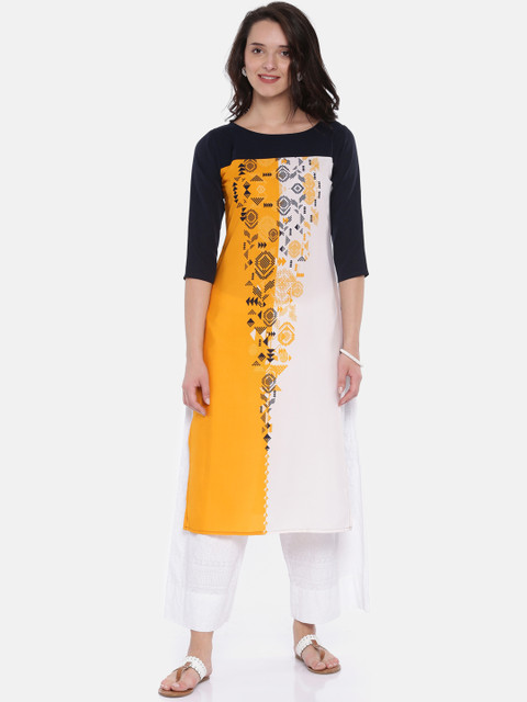 

Vaamsi Women Yellow & White Colourblocked Straight Kurta