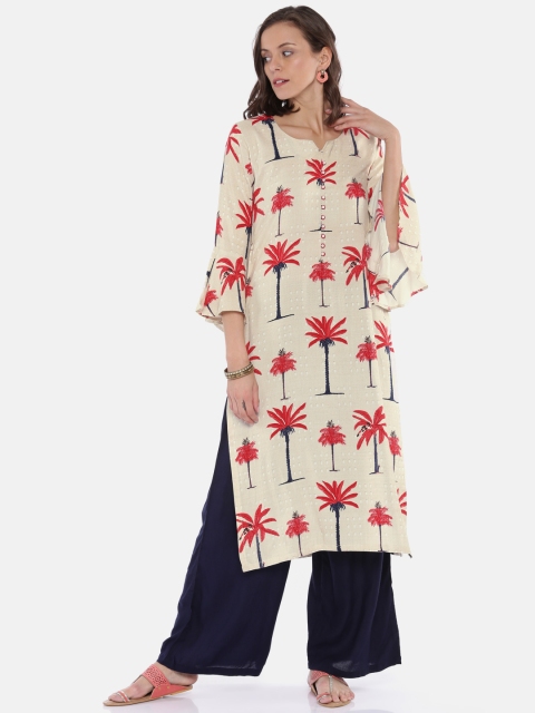 

Vaamsi Women White & Pink Printed Straight Kurta