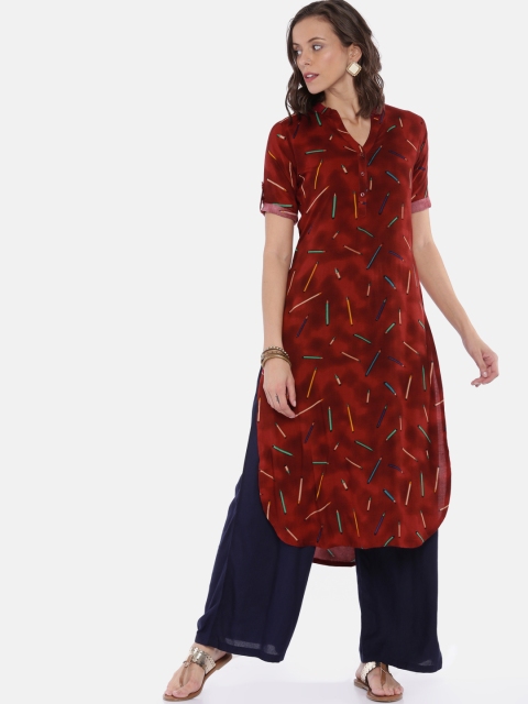 

Vaamsi Women Maroon Printed Straight Kurta