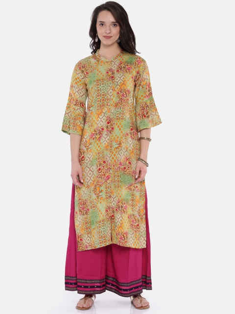 

Vaamsi Women Yellow & Green Printed Straight Kurta