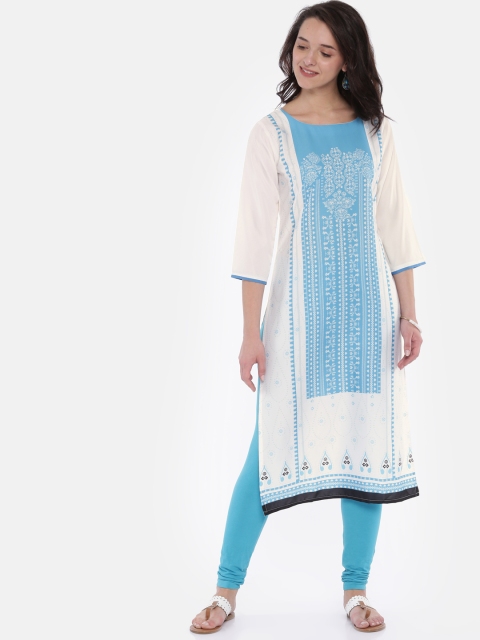 

Vaamsi Women Off-White & Blue Printed A-Line Kurta