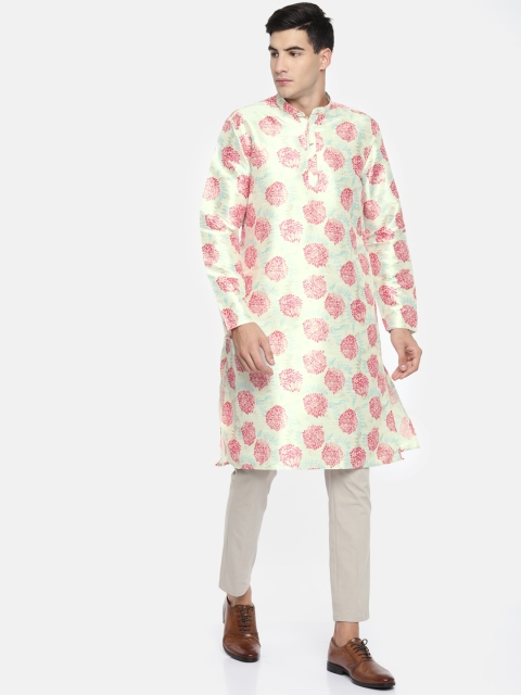 

British Club Men Cream-Coloured & Pink Printed Straight Kurta