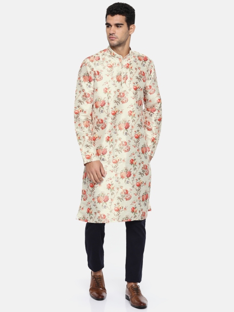 

British Club Men Cream-Coloured & Orange Printed Straight Kurta